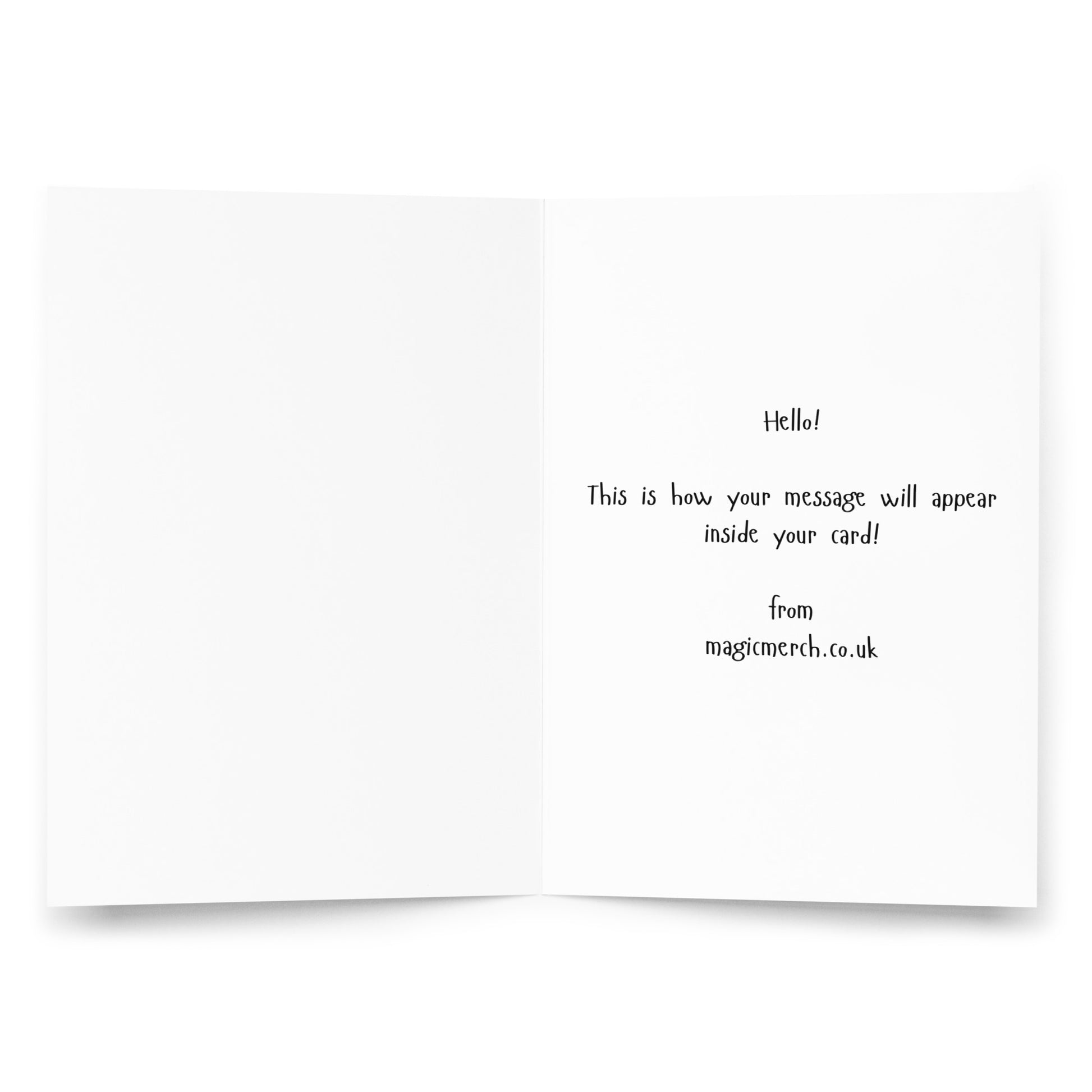 Inside of Card, Portrait Style, Blank on Left Side, Shows Ability To Customise Own Message on Right