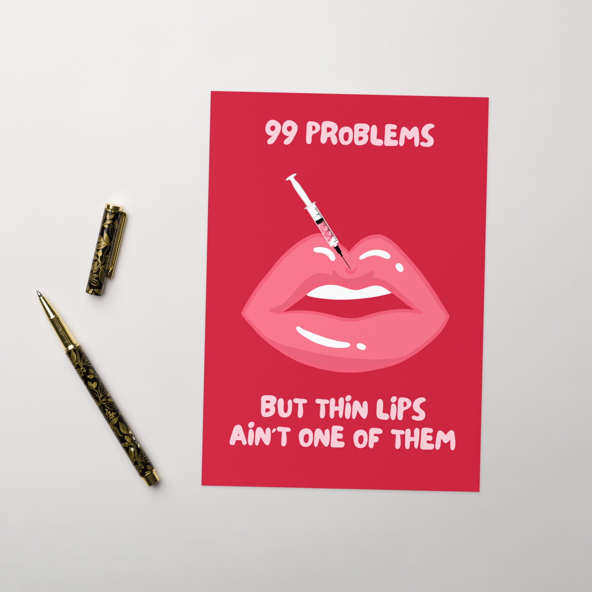 red lips card with ips graphic and syringe on white background with pen, mockup, customised and personalised card